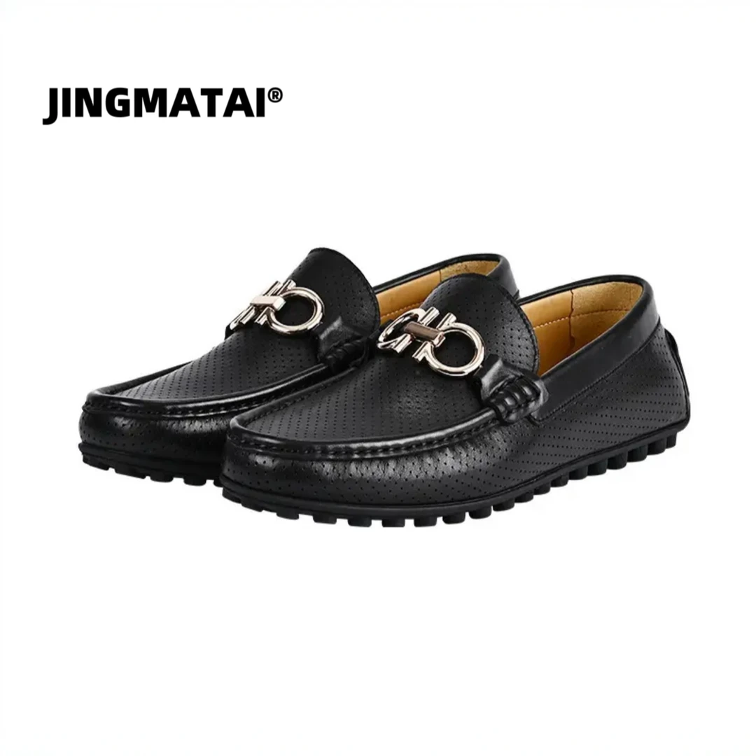 JINGMATAI级夏季牛皮一脚蹬透气黑色真皮百搭休闲时尚皮鞋豆豆鞋