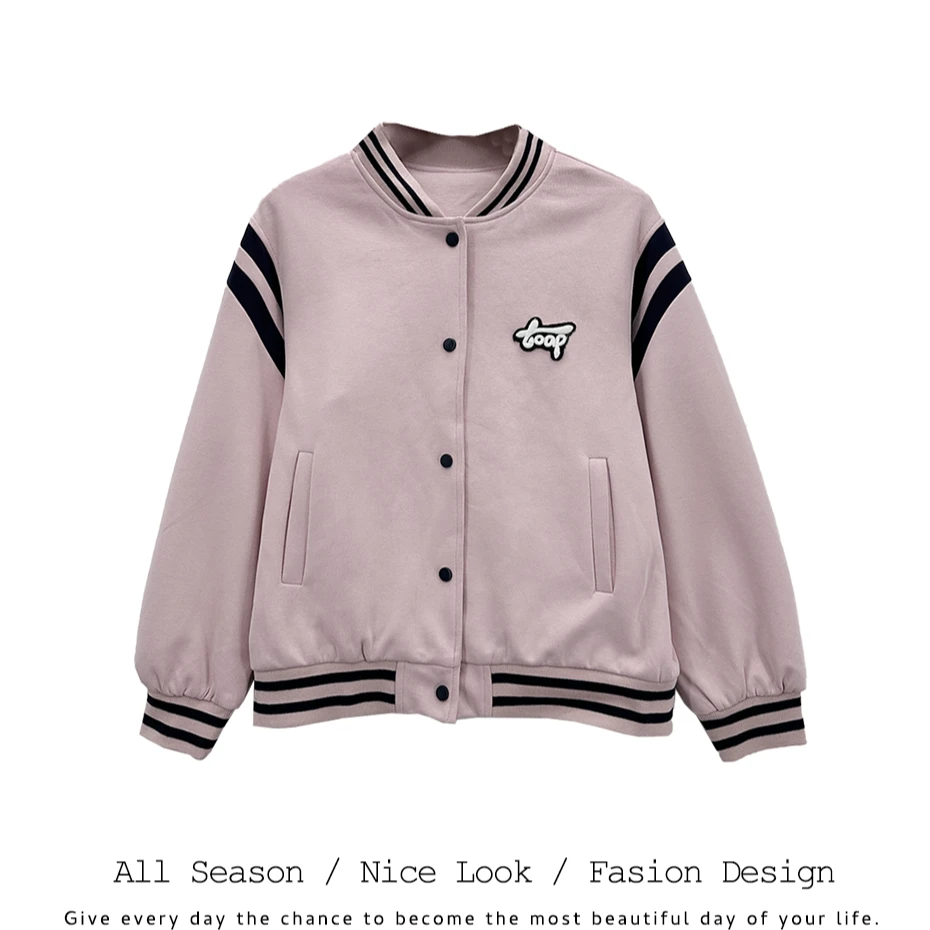 807  拼接撞色棒球服夹克宽松女粉色韩版百搭休闲短款外套#50001