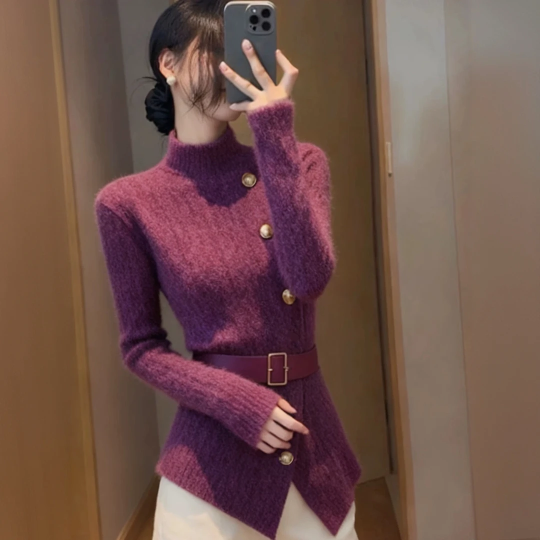 超好看紫色高领加厚打底毛衣女2025冬季奶呼呼软糯修身显瘦针织衫