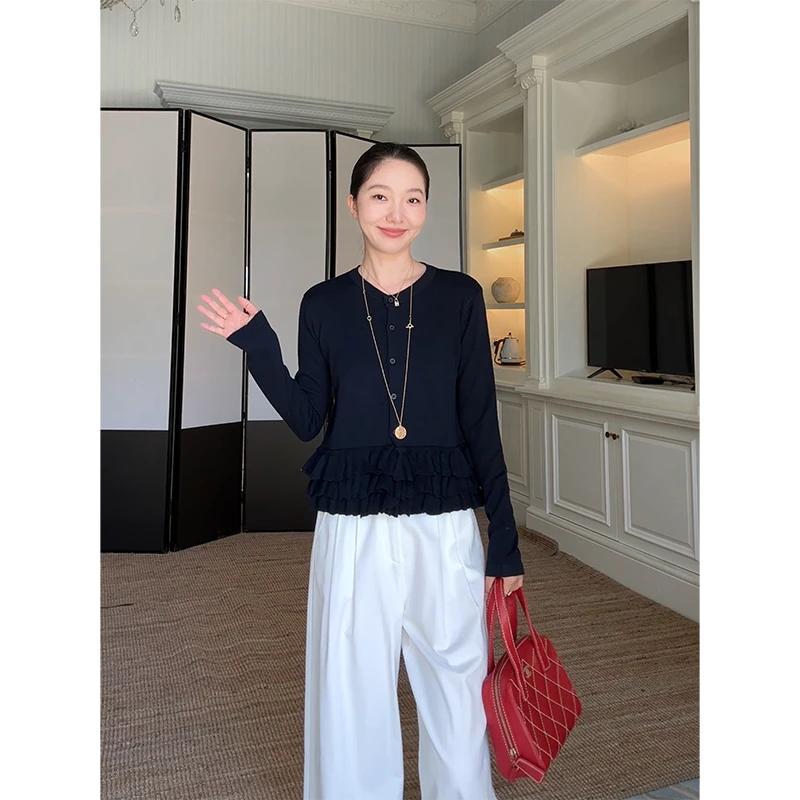 郭九九呢 羊毛圆领正肩袖花边针织开衫简约百搭阔腿裤 G925Z14349