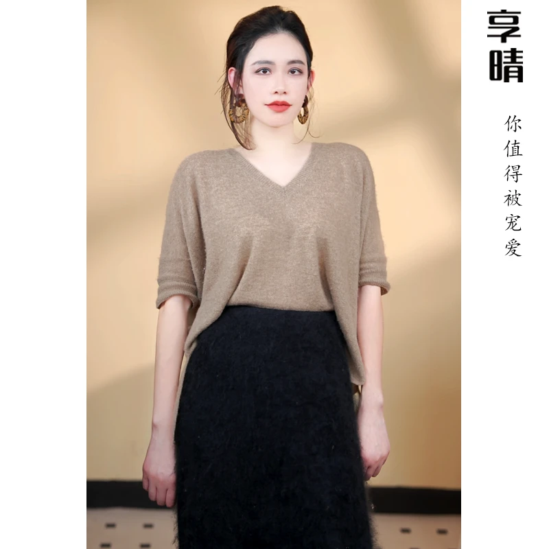 2025早秋新款老钱风女士100%纯羊绒蝙蝠袖羊绒衫针织衫V领通勤