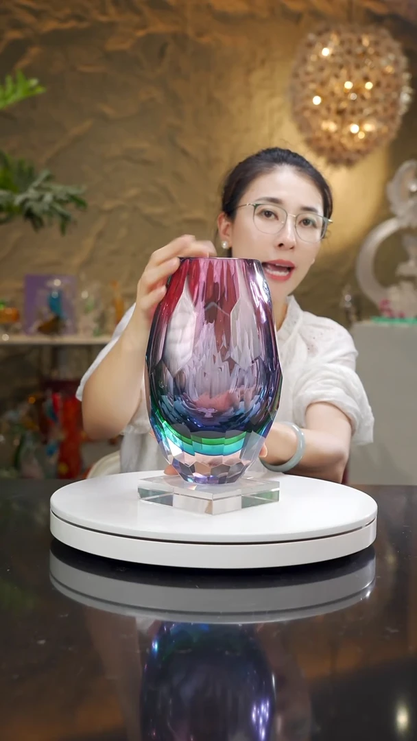 琉璃手工艺品三色切面花瓶大号带底座