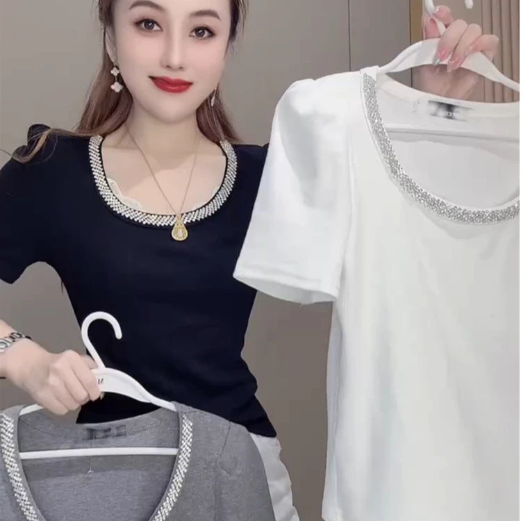 欧货洋气重工圆领闪钻短袖T恤女夏季新款泡泡袖修身显瘦气质上衣