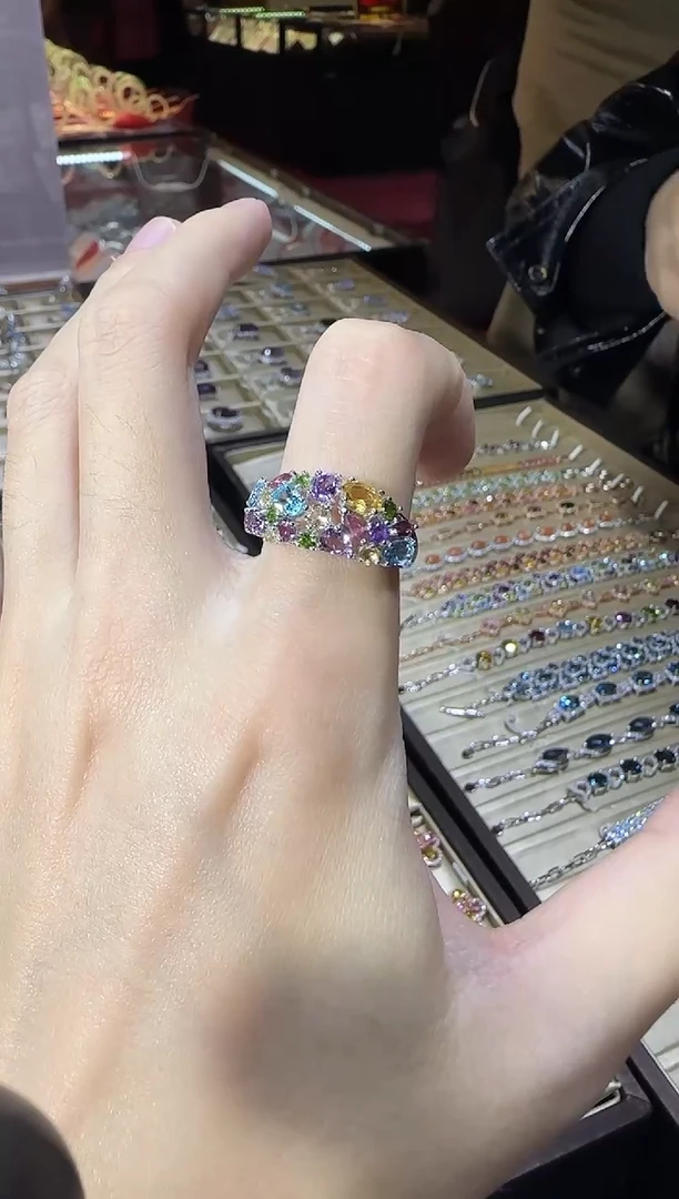 银S925镶嵌戒指橄榄石多彩宝石排戒