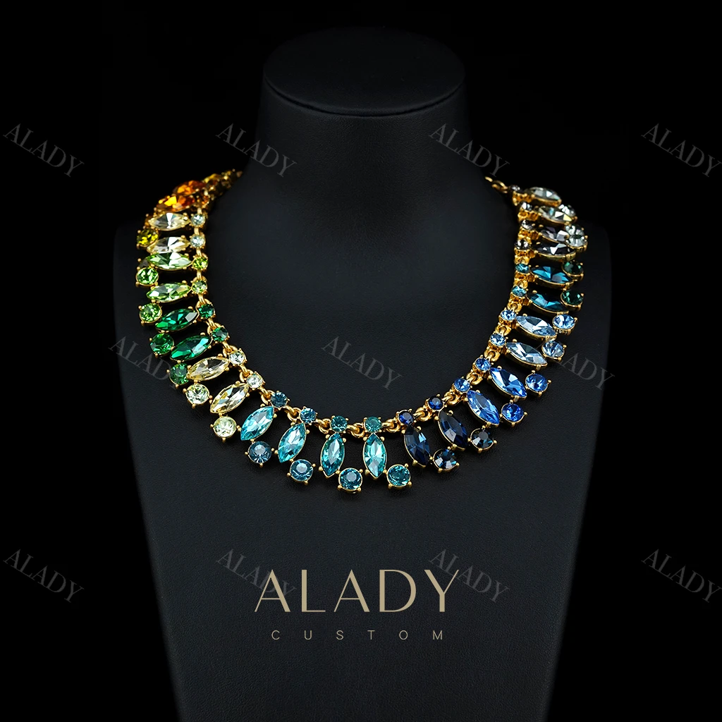 合金合成锆石项链 环环相扣渐变色项链-ASK2568