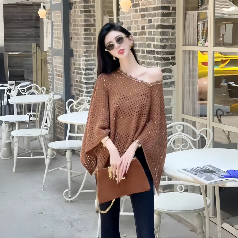 法式烫钻斗篷针织衫上衣薄款女装毛针织衫百搭上衣长袖宽松秋季潮