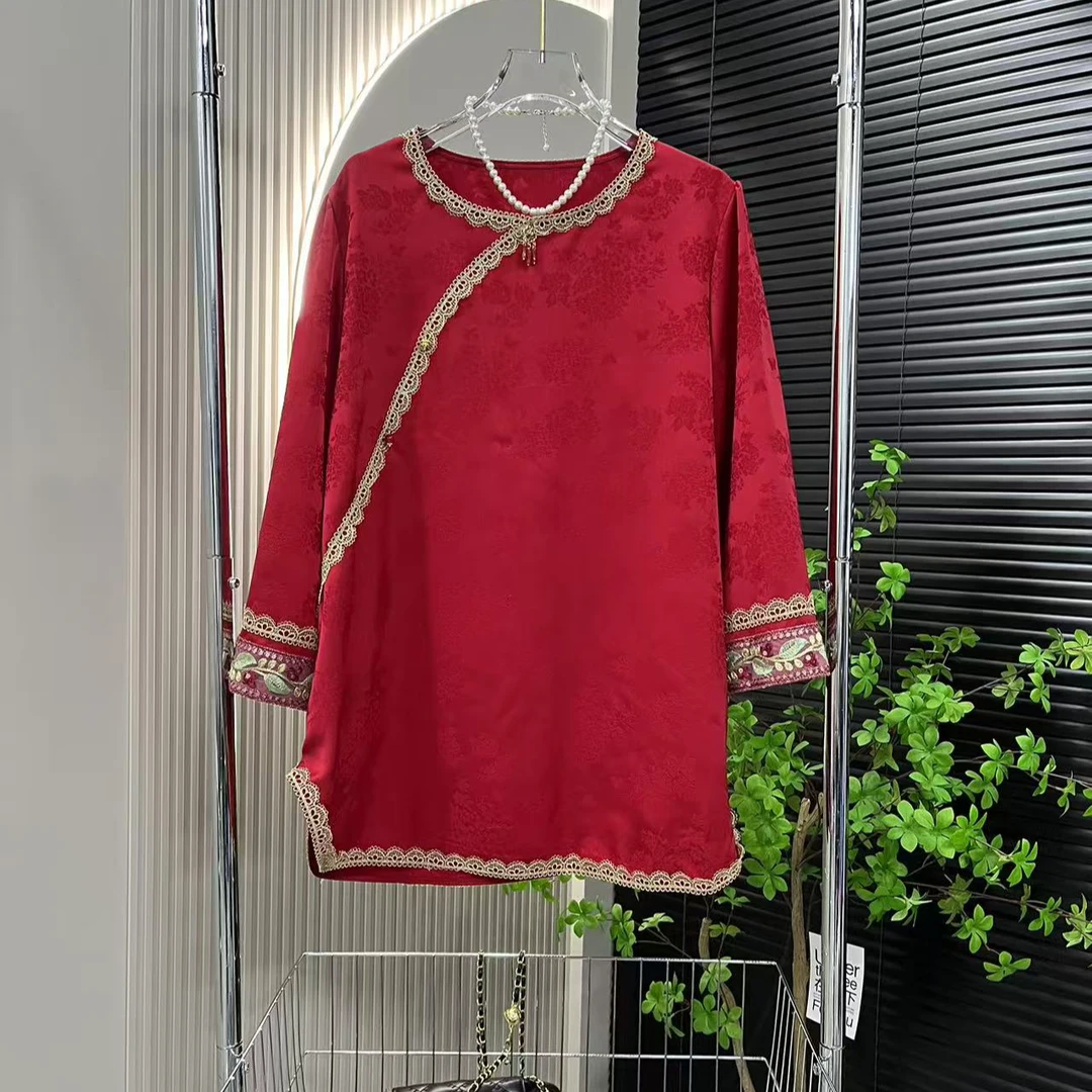 2025贺新年时尚气质斜襟复古中国风圆领提花长袖花边衬衫72上衣