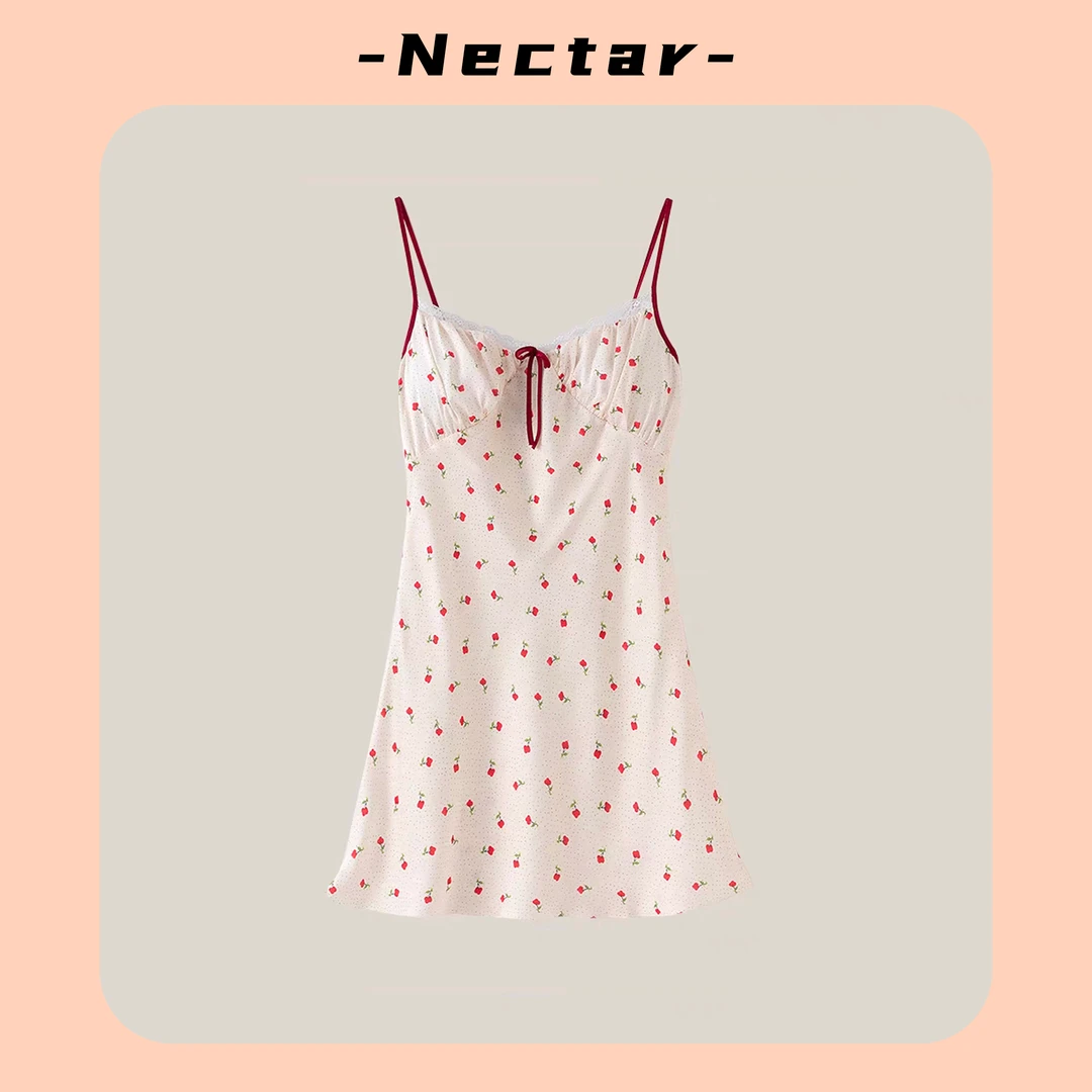 -Nectar-圆点碎花性感薄款凉感带胸垫无袖纯欲丝绸质感连衣睡裙