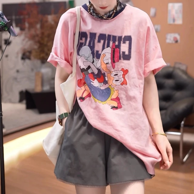 小众设计感跳舞鸭印花撞色领口亚麻短袖T恤女2025夏季百搭中长款