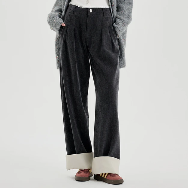Three Quarters深灰色拼接休高腰闲宽松直筒外穿秋季雪尼尔长裤