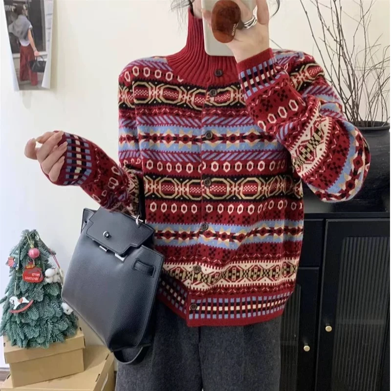 【芊荨精选】2025冬季费尔岛提花百搭圆领撞色复古针织开衫S637#