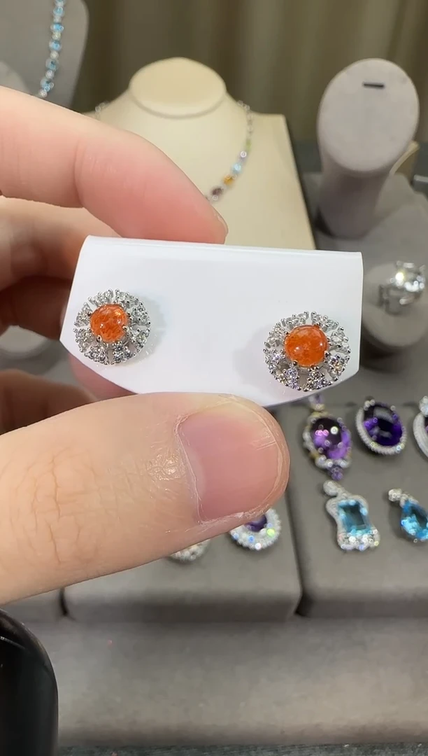 银S925镶嵌耳钉日光石5mm金太阳耳钉