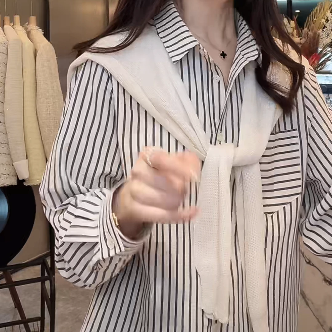 条纹衬衫女带披肩外穿2025春季新款设计感高级感洋气长袖洋气衬衣