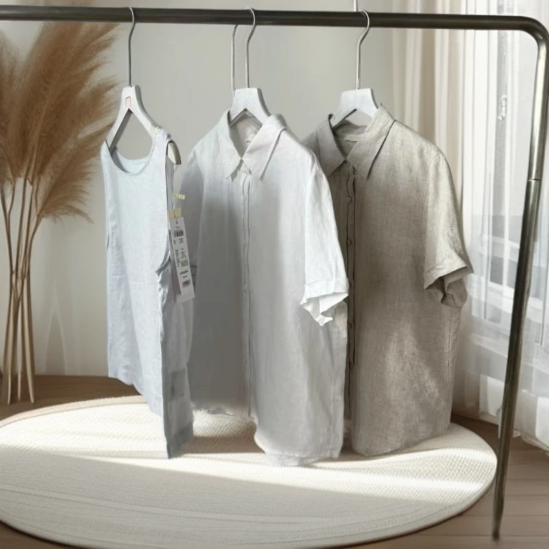 N纯亚麻短袖薄款松弛感微宽松衬衫短宽立体剪裁老钱风25070749