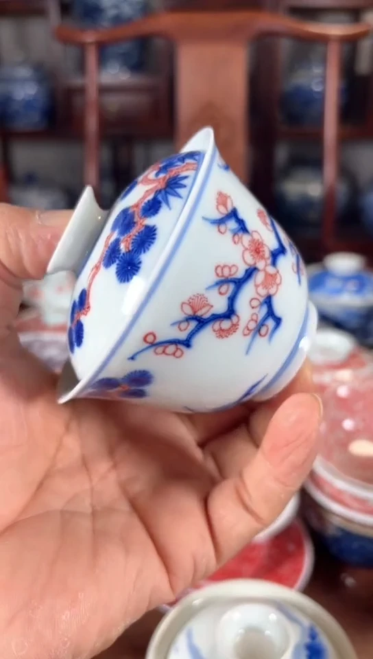 柴窑青花釉里红岁寒三友两才盖碗