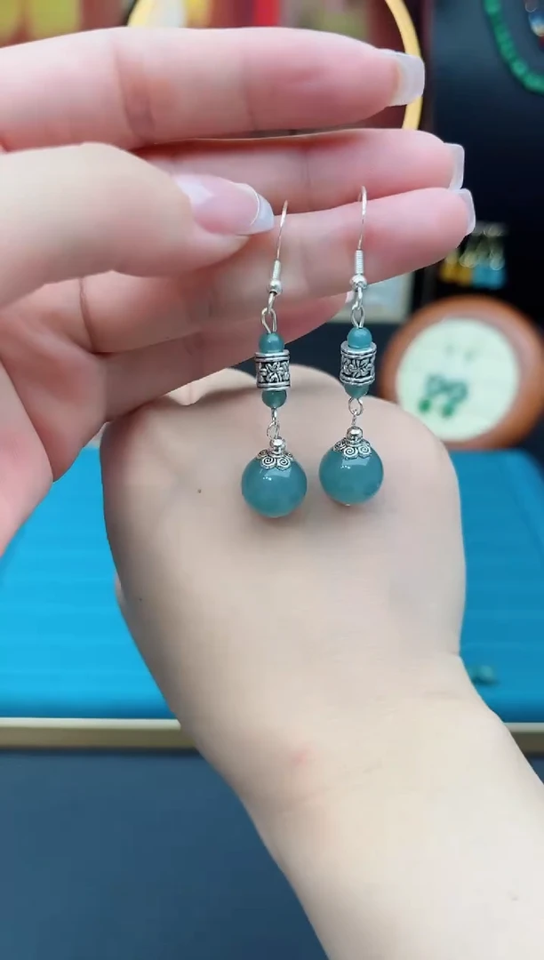 石英质玉（天山翠）银S925镶嵌耳饰420000