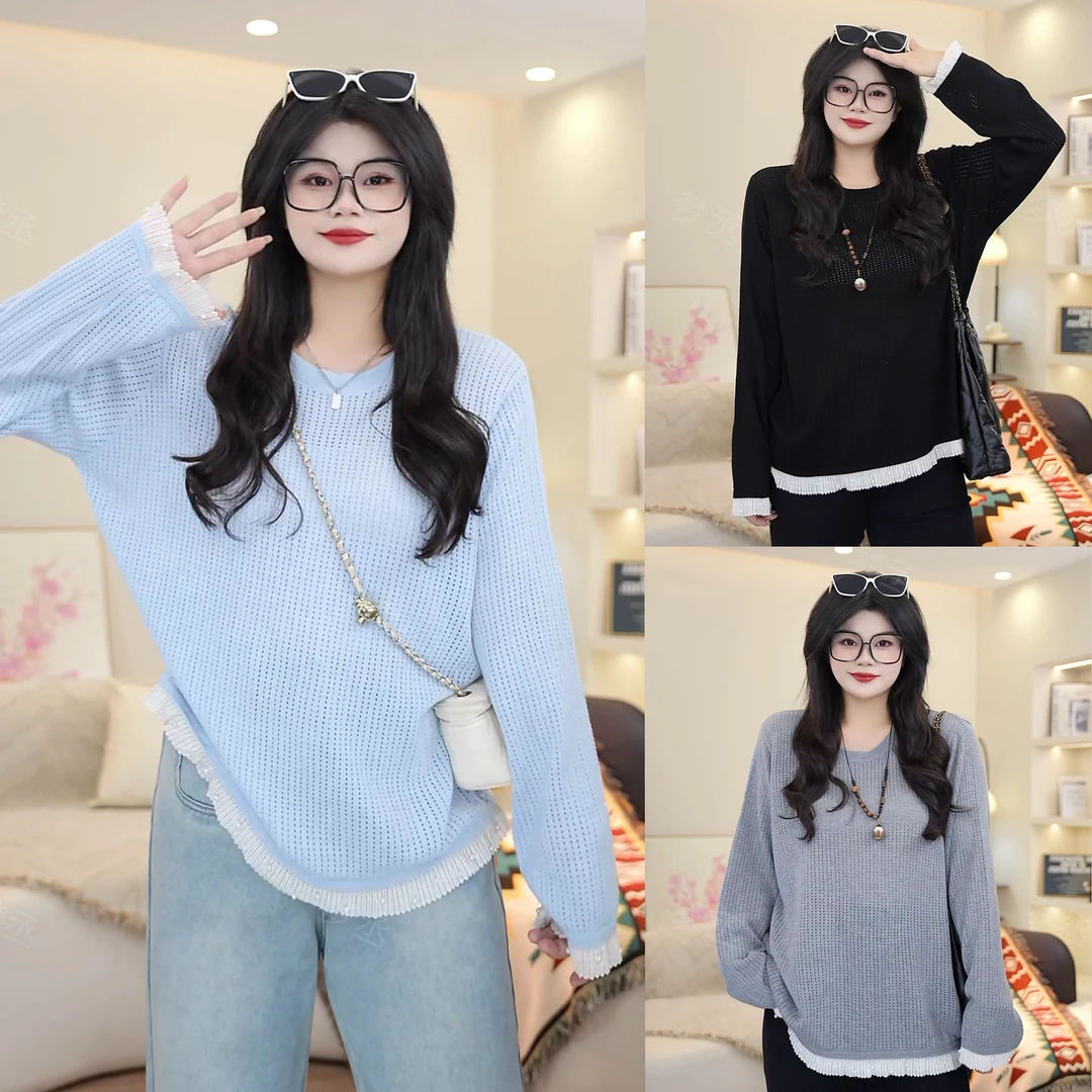 梦丞【花漾邂逅】大码女装冬季圆领镂空拼接花边洋气减龄长袖针织衫