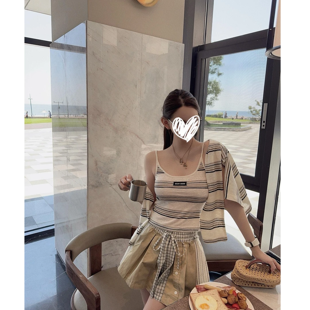 条纹针织开衫薄款小众慵懒吊带防晒衫两件套