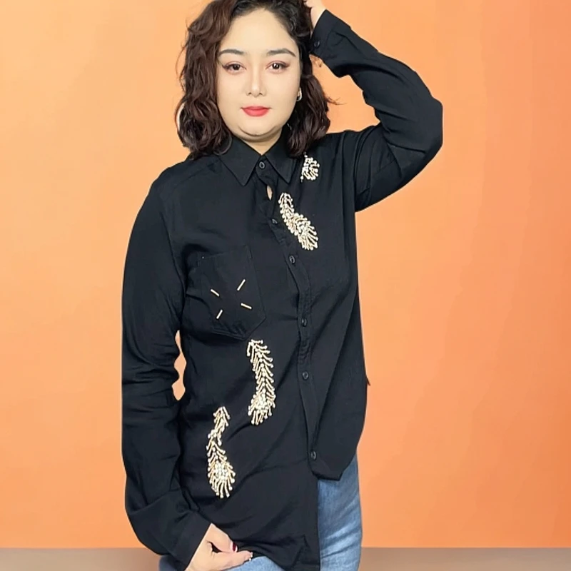 刺绣纯色秋季长袖衬衫女装衬衣休闲春季春款百搭网红衬衫上衣