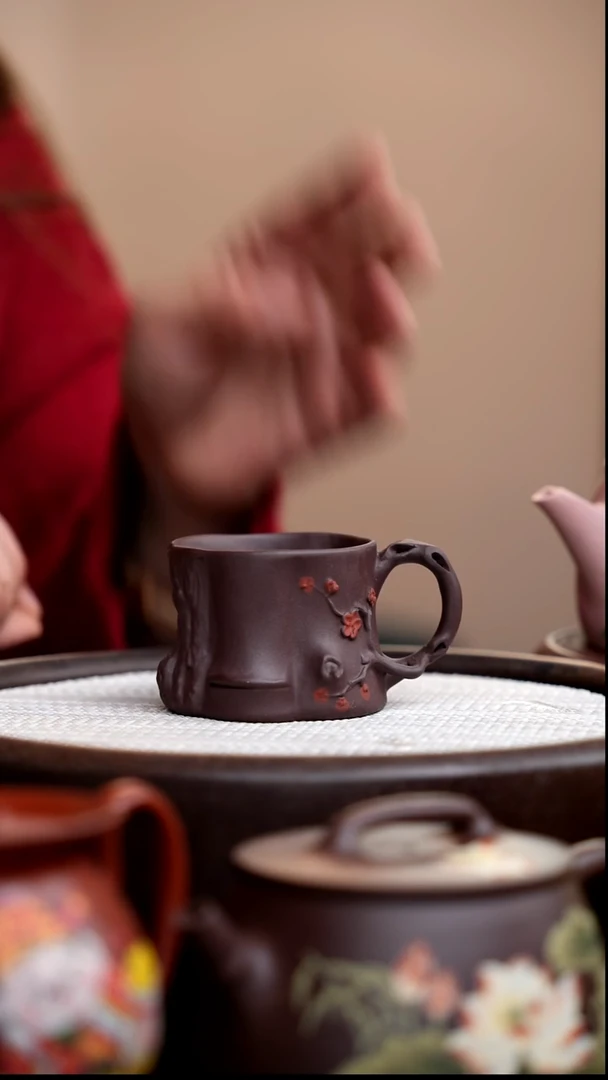 茶壶紫砂紫泥梅桩手把杯红梅