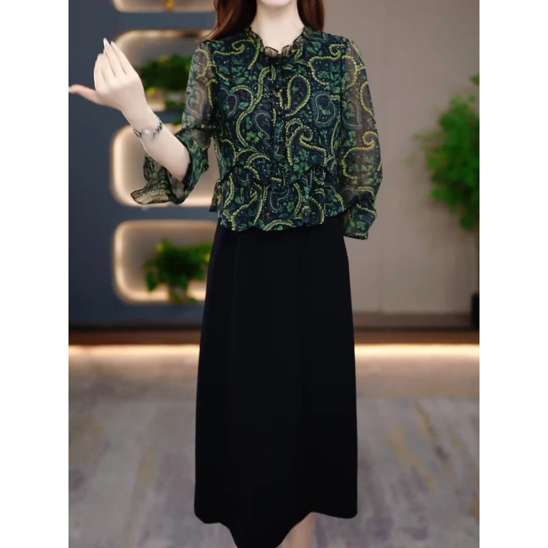 阔太太高端韩版花色连衣裙女2025秋季新款气质优雅显瘦中长款裙子