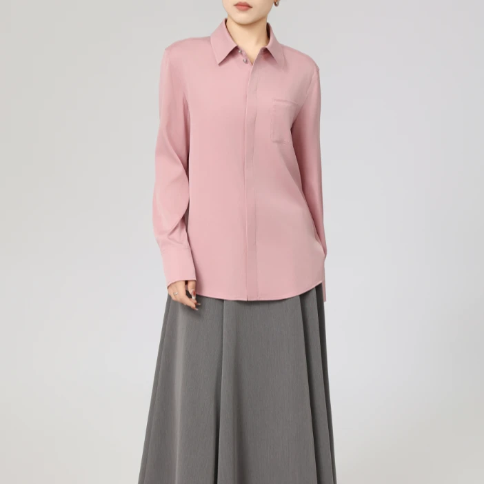 AMASS/阿玛施新款天然蚕丝翻领长袖常规衬衫百搭女士衬衣530048