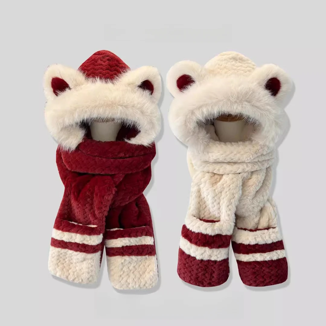 可爱小熊保暖拼色毛绒帽子围巾手套一体女加绒加厚骑车护耳雷锋帽