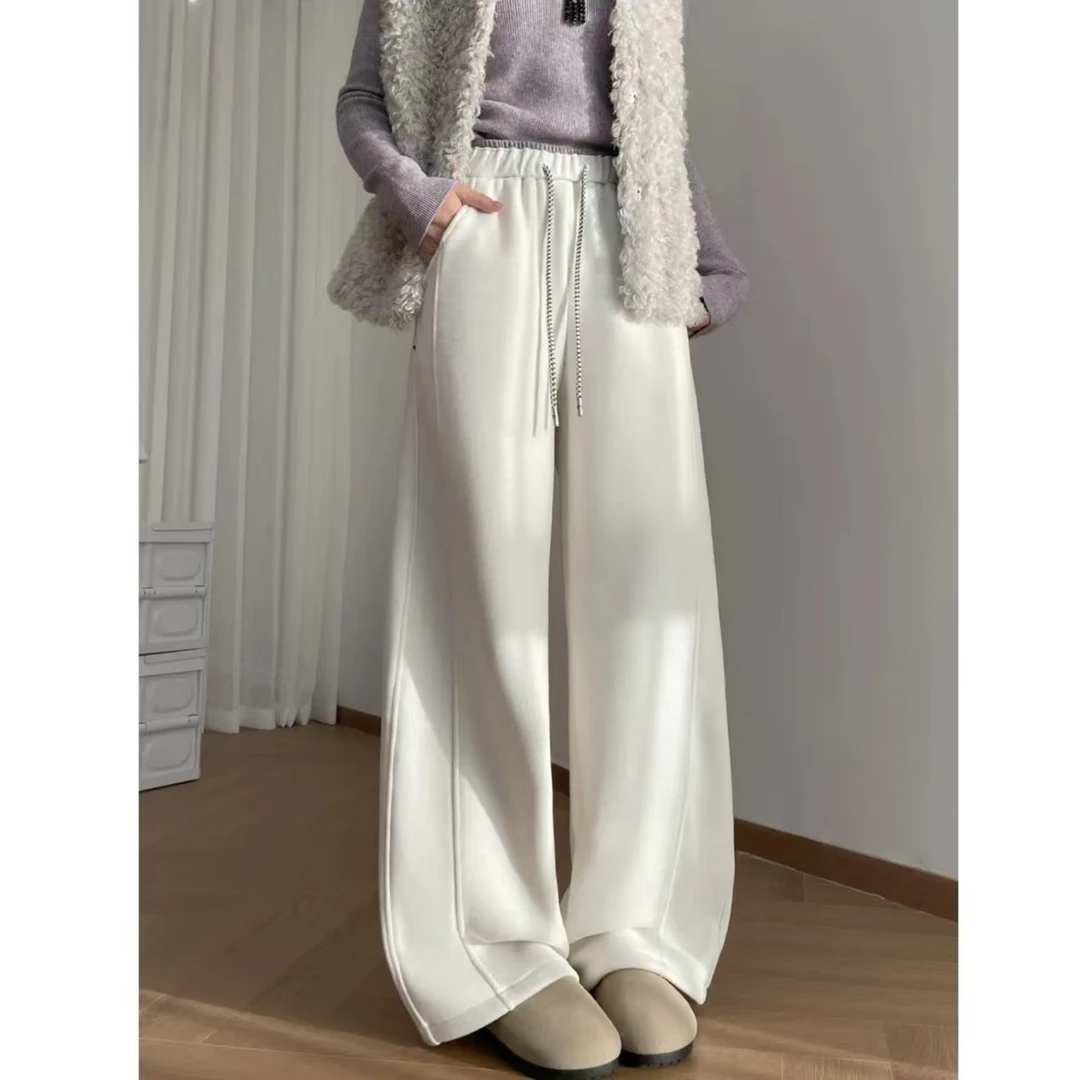 冬季新款加绒弯刀裤高腰显瘦镰刀裤抽绳撞色阔腿休闲卫裤