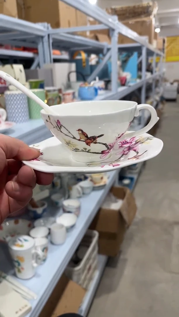 杯子骨瓷（简装）喜上眉梢咖啡杯碟一套+小勺