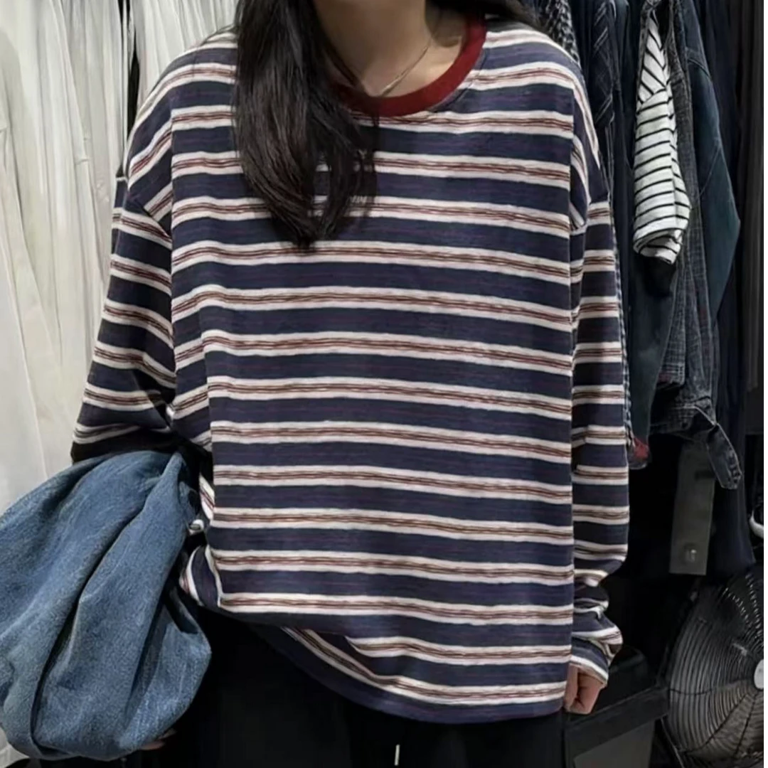 23177#秋季新款条纹长袖条纹女士长袖T恤针织秋冬套头