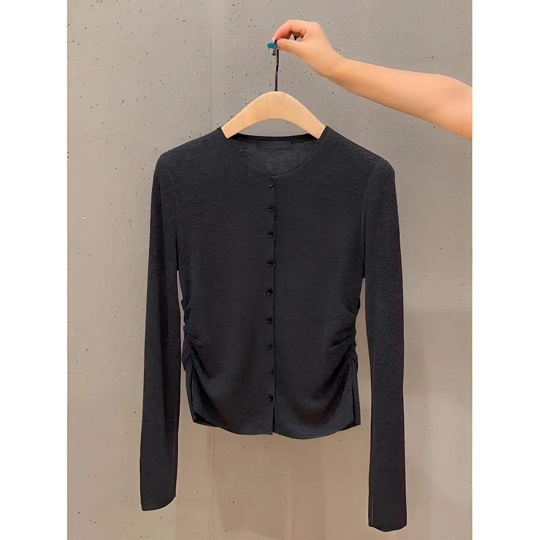 设计感小众别致深灰色上衣女2025早秋新款高级感长袖打底针织内搭