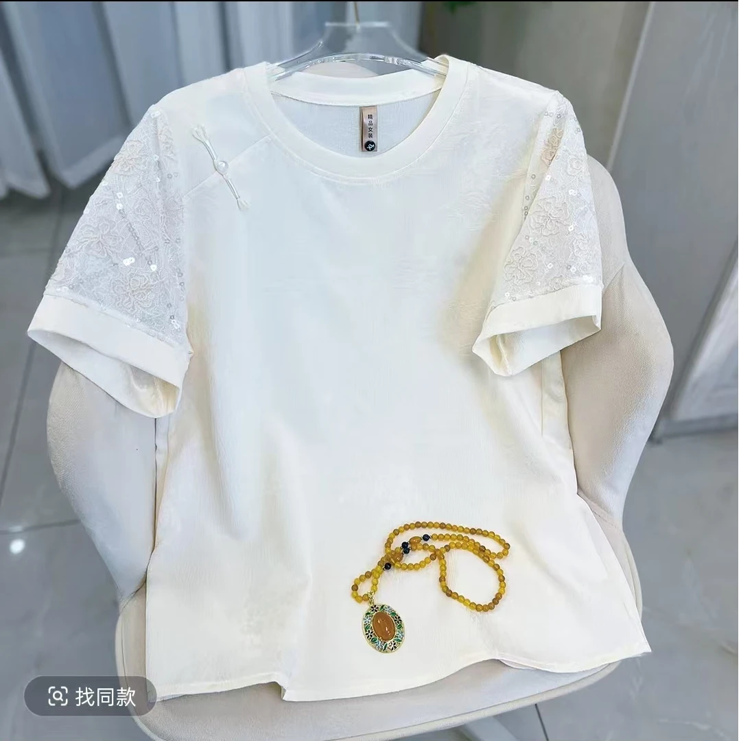 2025新款新中式国风上衣夏季蕾丝刺绣百搭短袖T恤提花透气