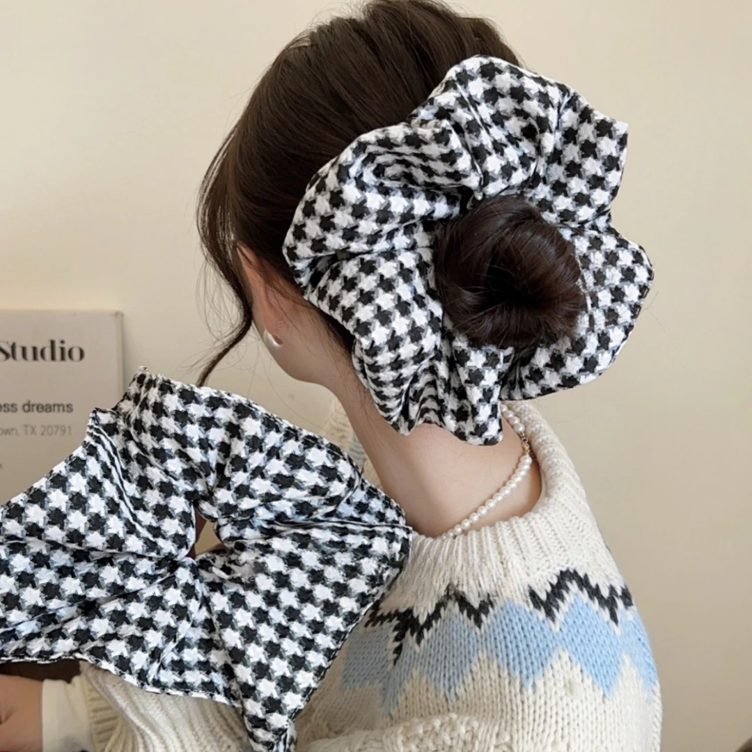小香风简约千鸟格百搭大肠发圈方巾新款扎头发头绳高级感方形发饰
