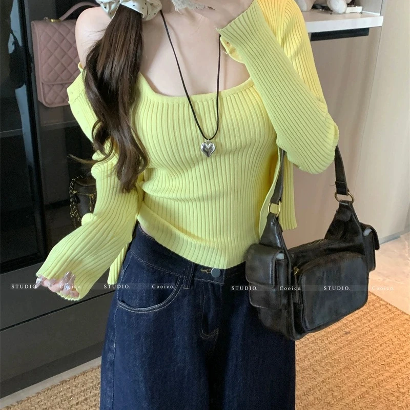 温柔风紫色吊带背心针织开衫女春季修身显瘦独特高级感两件套上衣