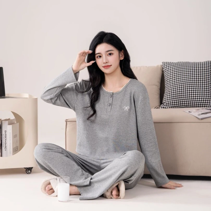 秋冬季女士纯棉带胸垫休闲花边圆领套头长袖长裤家居服睡衣女套装