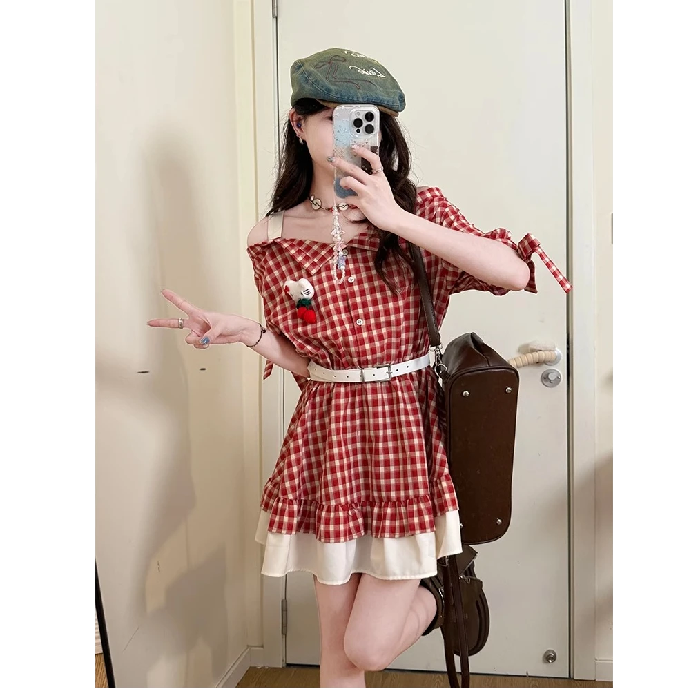 【破价秒发】甜美风可爱红色格纹吊带连衣裙女夏收腰显瘦短裙套装