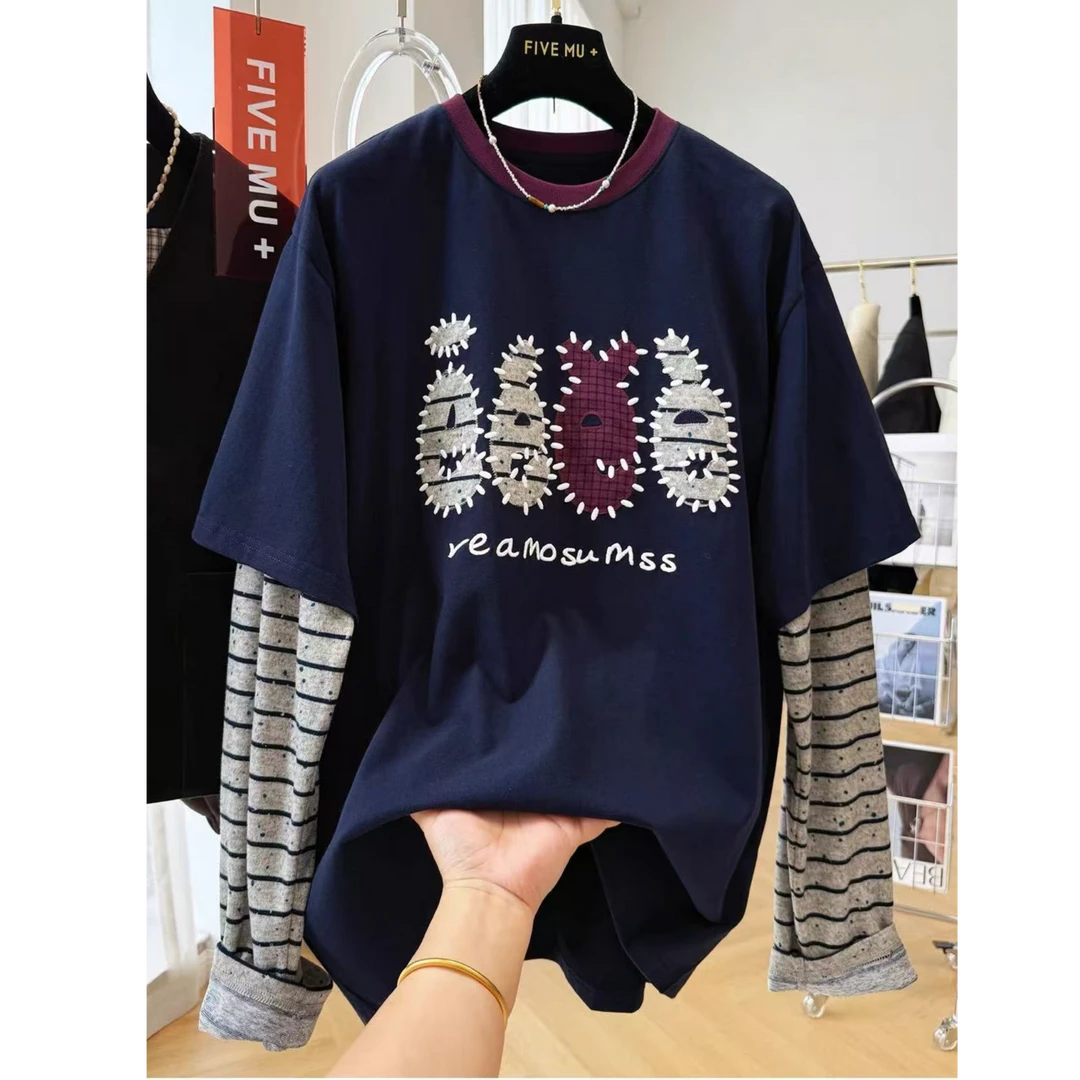 韩系穿搭慵懒风宽松休闲拼接假两件长袖T恤女秋冬打底衫单穿上衣