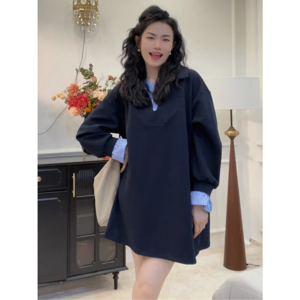 春季新款小众设计师假两件拼接条纹针织休闲连衣裙中长款卫衣裙