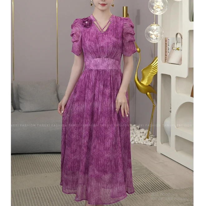 现货2025夏季新款【LT24-242】高级感法式气质收腰紫色度假连衣裙子