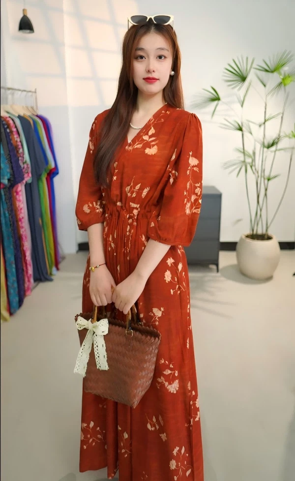 [高品质双口袋款]春夏洋气棉绸国风时尚碎花宽松休闲显瘦连衣裙
