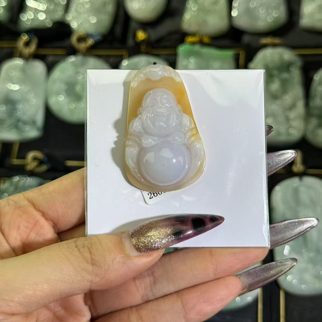 【4】黄皮笑脸小佛公白底纯净糯种牌，高45宽25厚11