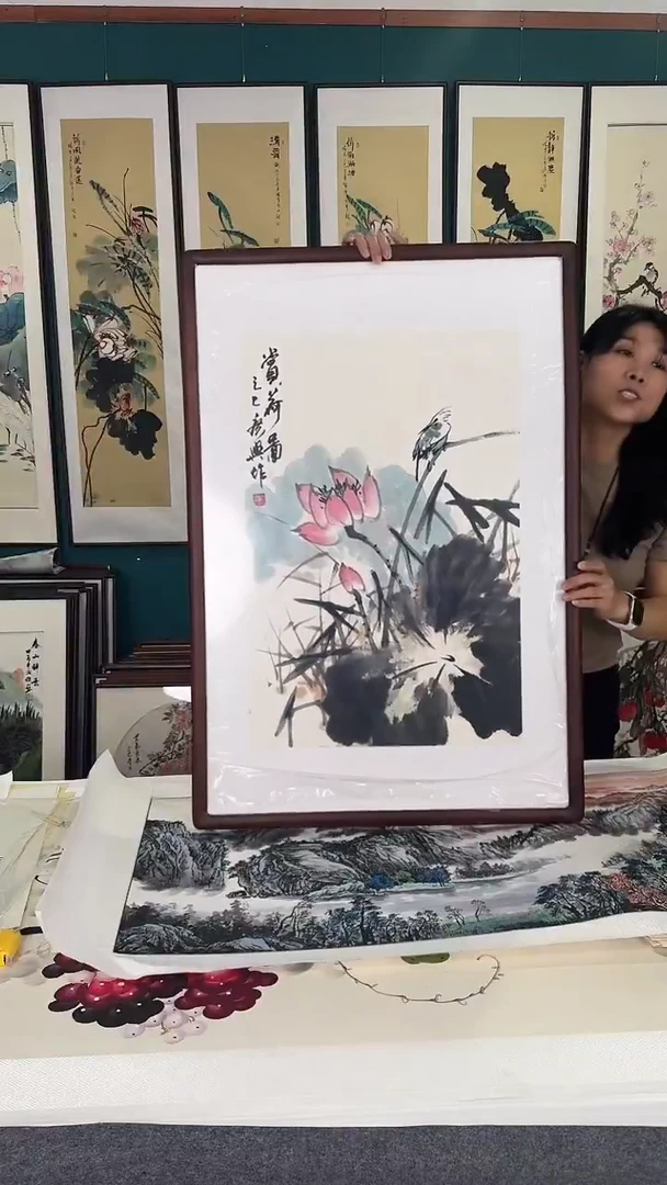 国画荷花 实木装裱 63*93