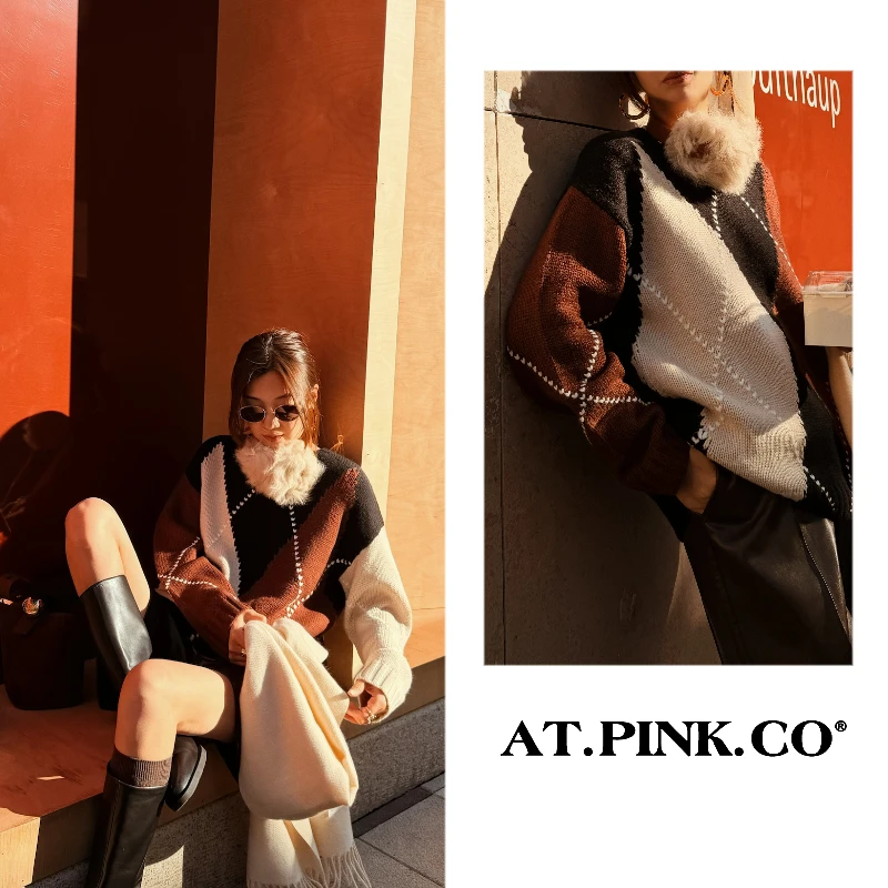 【三三品牌】菱形格宽松韩版大版毛衣加厚绵羊绒秋冬FY351