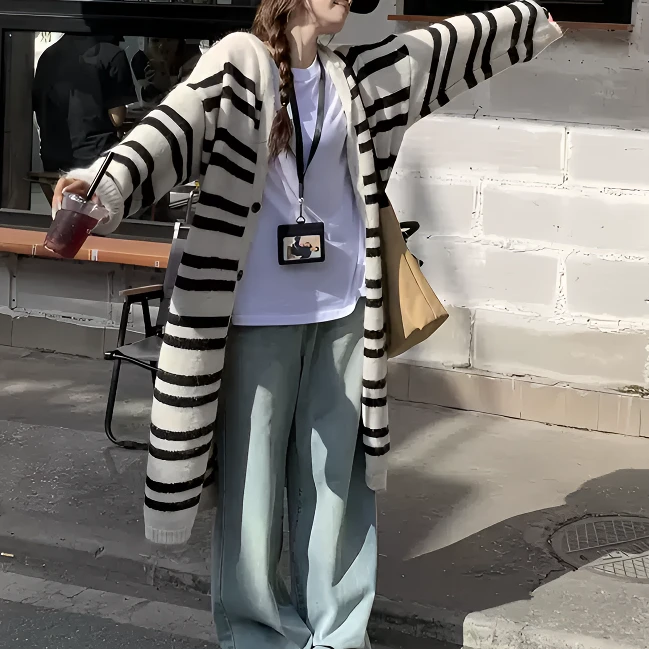 【行走海报】韩系连帽条纹长款毛衣开衫女宽松慵懒风外套显瘦