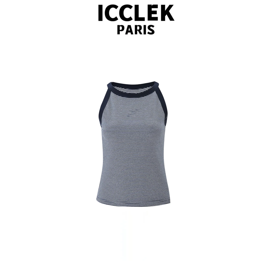 ICCLEK 蓝色条纹无袖背心夏季休闲百搭显瘦通勤吊带时尚短袖-5734
