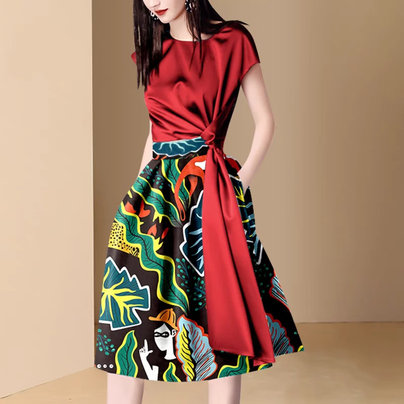 夏装2025新款女休闲时尚套装气质短袖上衣印花半裙两件套