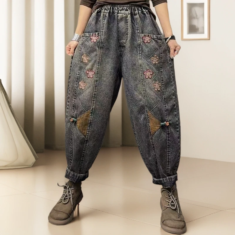 2025九分裤春款高货刺绣宽松百搭小花花休闲松紧水洗哈伦裤牛仔