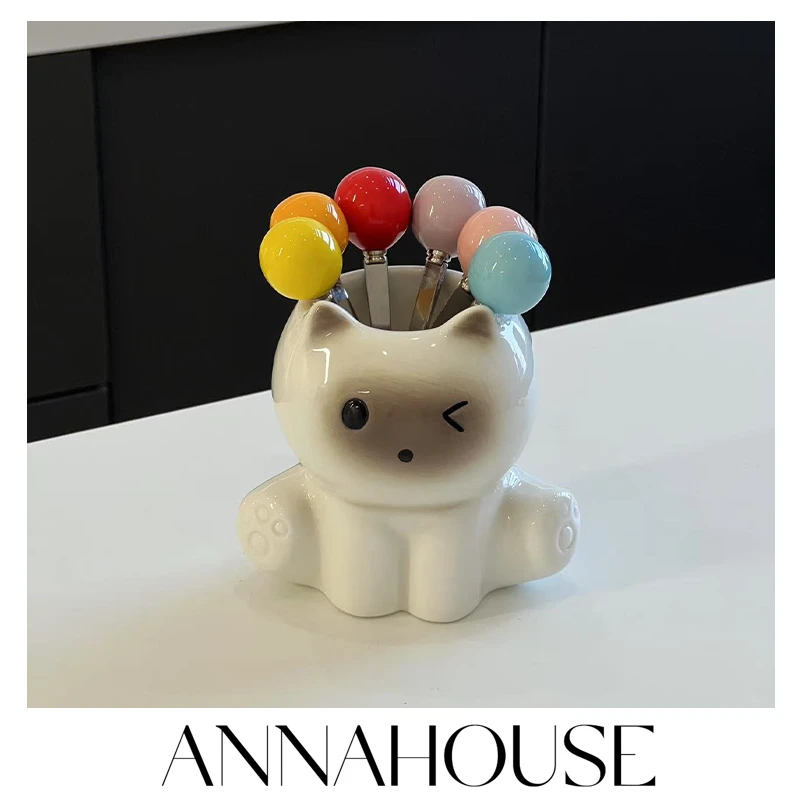 ANNAHOUSE俏皮猫水果叉收纳套装家用高颜值装饰摆件不锈钢YF