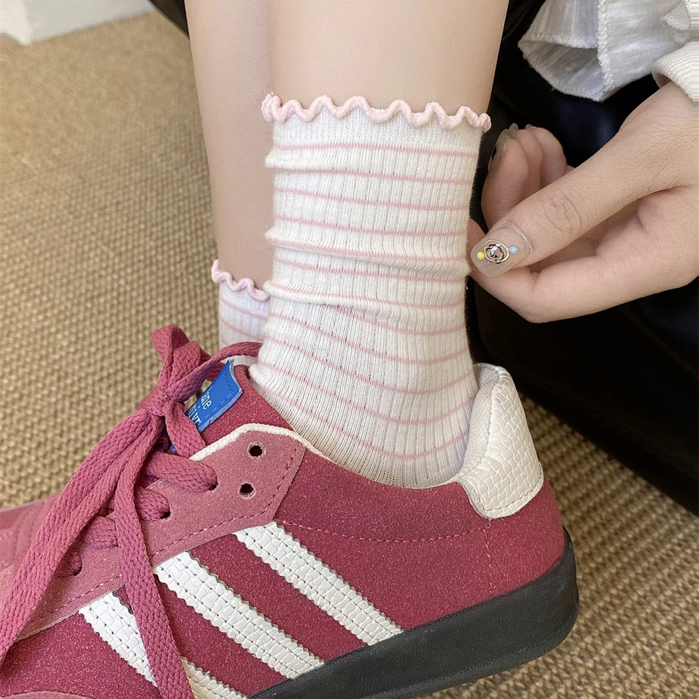 无骨木耳边花边清新条纹袜春夏薄款中筒袜子女减龄ins风甜美卷边