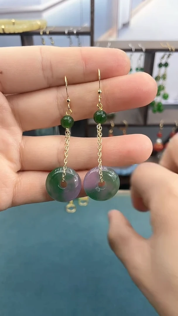 14K金镶嵌耳饰玛瑙/玉髓春彩平安扣